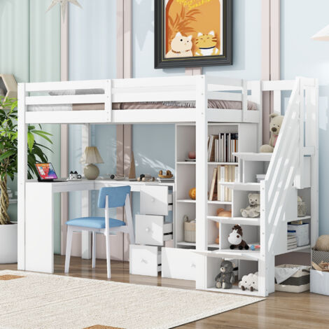 Lit mezzanine enfant en pin et MDF blanc 90x200 cm avec bureau, rangements et échelle de rangement, sans matelas (1/5)