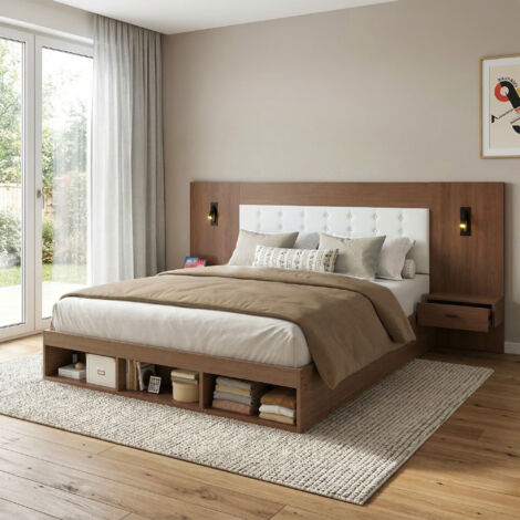 Lit MDF coloris noyer 180x200 cm avec rangement, 2 chevets, ports USB et Type-C, liseuses intégrées (1/5)