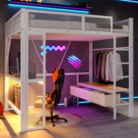 Lit mezzanine métal et MDF blanc 140x200 cm avec bureau, LED, USB et rangements