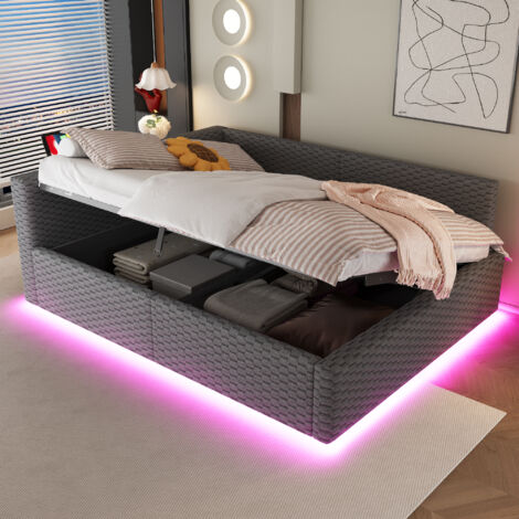 Lit coffre rembourré en velours gris 140x200 cm avec LED, USB et USB-C, tête de lit en L (1/5)