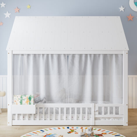 Lit enfant bois massif et MDF blanc 140x200 cm avec sommier à lattes, rideaux décoratifs et rangement (1/5)
