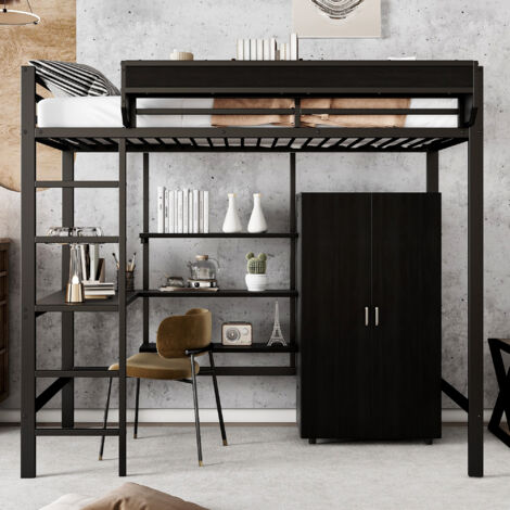 Lit mezzanine métal et panneaux de particules noir 90x200 cm avec bureau, armoire et échelle 5 marches (1/5)