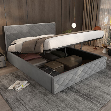 Lit coffre en velours gris 140x200 cm avec sommier à lattes et ouverture hydraulique (1/5)