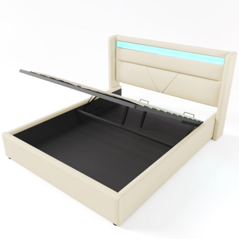 Lit coffre rembourré PU blanc 160x200 cm avec LED, sommier à lattes et matelas inclus (1/5)