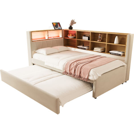 Canapé-lit en tissu flanelle beige 90x200 cm avec lit gigogne 90x190 cm, LED, ports USB et rangements
