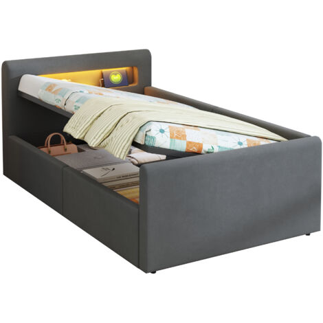 Lit enfant rembourré gris 90x200 cm avec rangement hydraulique, LED, veilleuse USB et sommier à lattes (1/5)