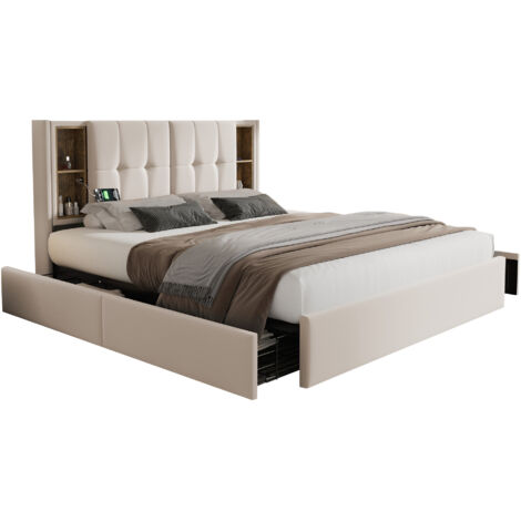 Lit double en velours beige 160x200 cm avec charge sans fil, USB-C et 4 tiroirs, sommier inclus (1/5)