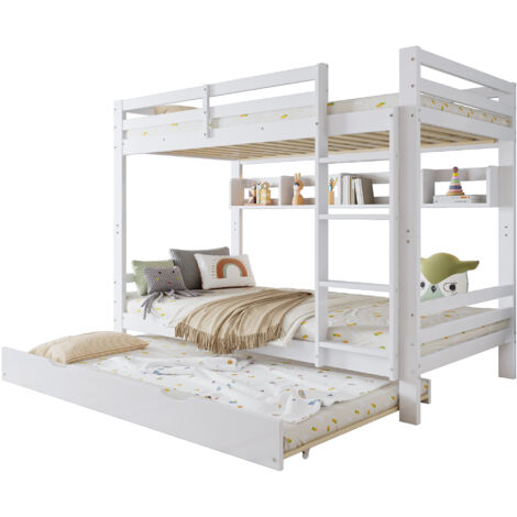 Lit superposé enfant en bois massif et MDF blanc 90x200 cm avec lit gigogne, étagères intégrées et sommier (1/5)