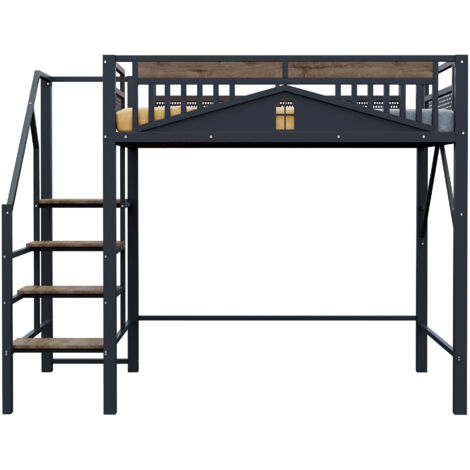 Lit mezzanine métal et bois noir 140x200 cm avec échelle sécurisée, garde-corps fenêtre et espace de rangement (1/5)