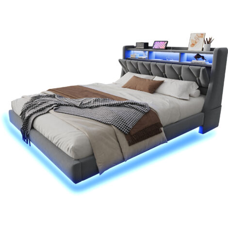 Lit rembourré velours gris 180x200 cm avec tête de lit rabattable, LED, prises et rangement, sommier à lattes inclus (1/5)