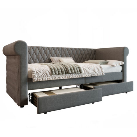 Lit banquette en lin gris 90x200 cm avec 2 tiroirs, sommier à lattes inclus (1/5)