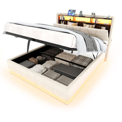 Lit en velours beige 160x200 cm avec LED, tête de lit de rangement, ports USB/Type-C et sommier à lattes (1/5)