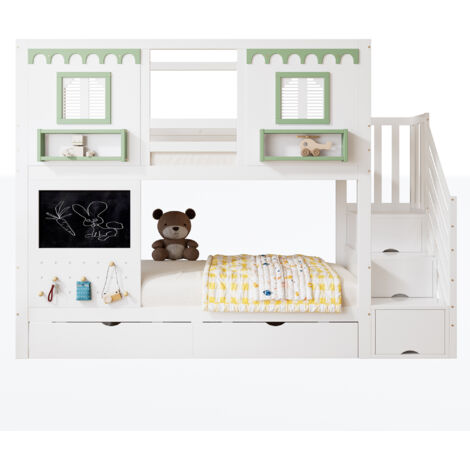 Lit superposé enfant en bois massif et MDF blanc et vert 90x200 cm, avec escalier rangement et 2 tiroirs (1/5)