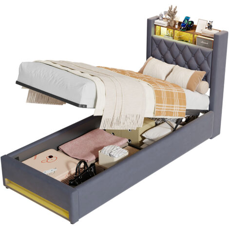 Lit 90x190 cm Rembourré Multifonction avec USB et LED, Structure à Lattes Large, Rangement Sous Lit, Velours Gris - Design Moderne (1/5)