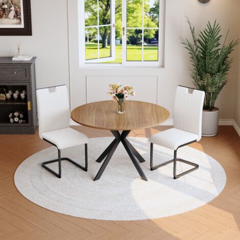 Ensembles de tables et chaises MDF noyer et métal noir, chaises PU blanc, table ronde facile d'entretien MIVRAY (1/5)