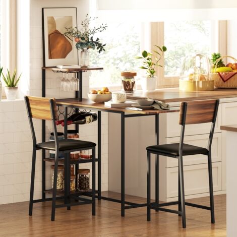 Ensemble table de bar et 2 tabourets MDF et acier brun 110x40 cm extensible 140x40 cm avec range-bouteilles MIVRAY (1/5)