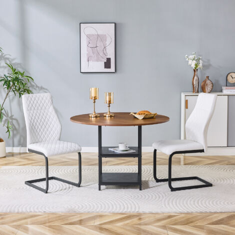 Ensemble table et chaises MDF noyer, PU blanc/noir, table ronde 107x75 cm avec double rangement, 2 places, MIVRAY (1/5)
