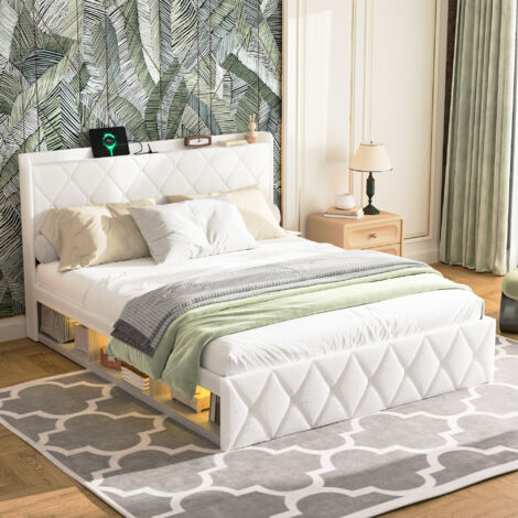 Lit 140x200 cm en tissu Teddy blanc avec tête de lit capitonnée, ports USB, LED intégrée et rangement (1/5)