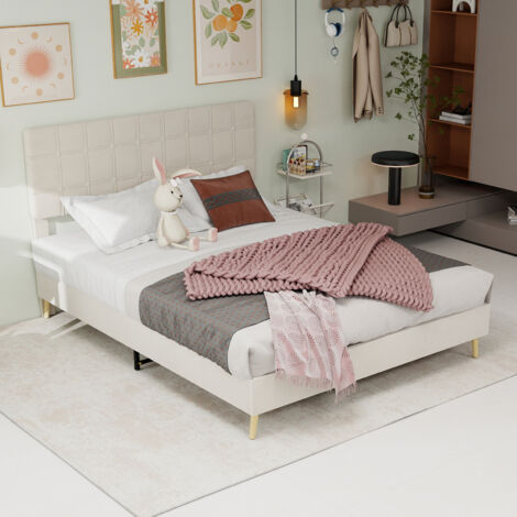Lit double en velours beige 160x200 cm avec tête de lit capitonnée à carreaux (1/5)