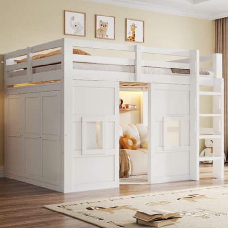 Lit mezzanine en bois MDF blanc 140x200 cm avec armoire intégrée, 2 fenêtres, LED et sommier à lattes