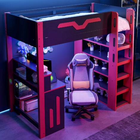 Lit mezzanine en MDF et contreplaqué noir et rouge 90x200 cm avec bureau, rangements et LED (1/5)