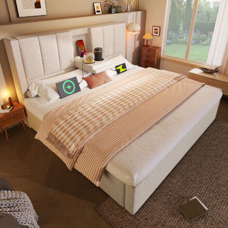 Lit coffre en lin beige 160x200 cm avec matelas, chargeur USB-C, porte-gobelets cachés et sommier inclus (1/5)