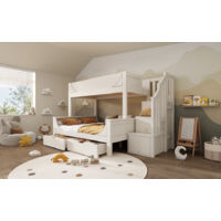Lit superposé en bois et métal blanc 90x200 / 140x200 cm avec armoire échelle, tiroirs et sommier à lattes