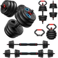Set manubri regolabili FEIERDUN 10/15/25 kg (coppia), set 5 in 1: manubri, bilanciere, kettlebell e supporti per flessioni, allenamento completo per tutto il corpo, fitness e potenza per uomini e donn