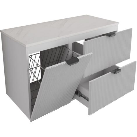 Mobile bagno con frontale scanalato 100 cm (60+40)cesto portabiancheria, cashmere, piano in marmo bianco (MDF), con maniglia nera, 100 x 47 x 60 cm