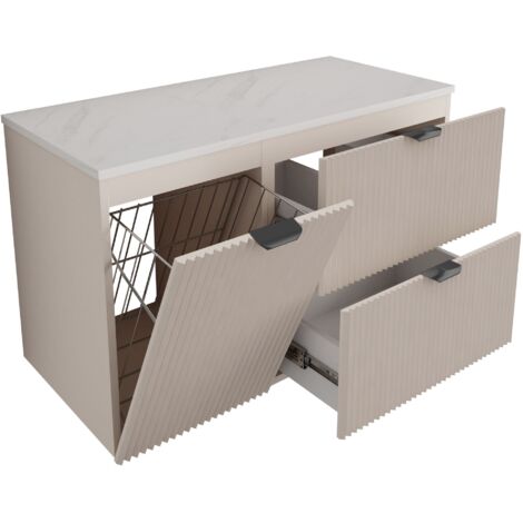Mobile da bagno con frontale scanalato 100 cm (60+40) cesto portabiancheria, noce scuro (MDF), frontali bianchi, con maniglia nera, 100 x 47 x 60 cm (1/5)