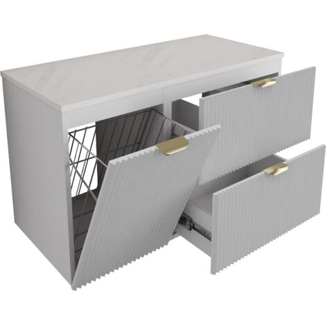 Mobile bagno con frontale scanalato 100 cm (60+40) cesto portabiancheria, cashmere, piano in marmo bianco (MDF), con maniglia oro, 100 x 47 x 60 cm