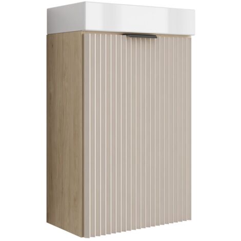 Mobile da bagno con frontale scanalato 60 cm con 2 cassetti, bianco con piano in marmo (MDF), con maniglia nera, 60 x 47 x 60 cm