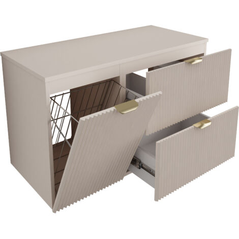 Mobile da bagno con frontale scanalato 100 cm (60+40) cesto portabiancheria, noce chiaro (MDF), frontale cashmere, con maniglia oro, 100 x 47 x 60 cm