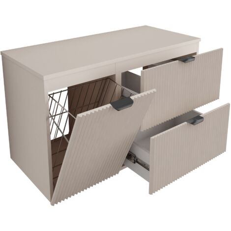 Mobile da bagno con frontale scanalato 100 cm (60+40) con cesto portabiancheria, noce chiaro (MDF), frontale cashmere, maniglia nera, 100 x 47 x 60 cm (1/5)