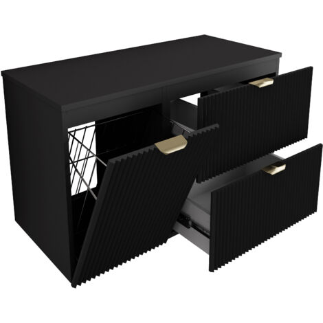 Mobile da bagno con frontale scanalato 100 cm (60+40) con cesto portabiancheria, noce chiaro (MDF), frontale bianco, maniglia nera, 100 x 47 x 60 cm (1/5)