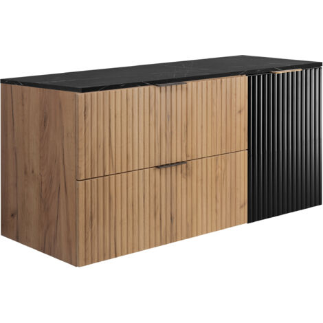 Mueble de baño suspendido, roble Craft / encimera de mármol negro impreso (MDF), 120 x 57 x 46 cm (1/5)