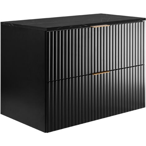 Mueble de baño suspendido, negro / encimera de mármol negro impreso (MDF), 80 x 57 x 46 cm (1/5)