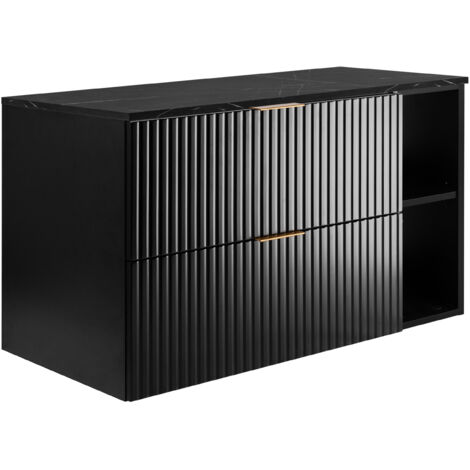 Mueble de baño suspendido, negro / encimera de mármol negro impreso (MDF), 100 x 57 x 46 cm (1/5)