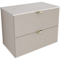Mobile da bagno con frontale scanalato 80 cm con 2 cassetti, noce scuro (MDF), con frontali bianchi, con maniglia dorata, 80 x 47 x 60 cm