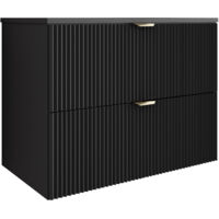 Mobile da bagno con frontale scanalato 80 cm con 2 cassetti, noce chiaro (MDF), con frontale bianco, con maniglia dorata, 80 x 47 x 60 cm