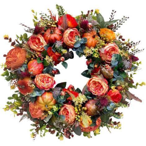 Couronne de citrouille artificielle, couronne de fleurs d'automne pour intérieur et extérieur, couronne de porte d'entrée ronde, couronne de Thanksgiving (1/5)