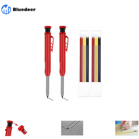 Bluedeer – Lot de 2 porte-mines charpentier automatiques – Pointe allongée 45mm – Recharges en cire jaune et rouge – Pour marquage précis bois
