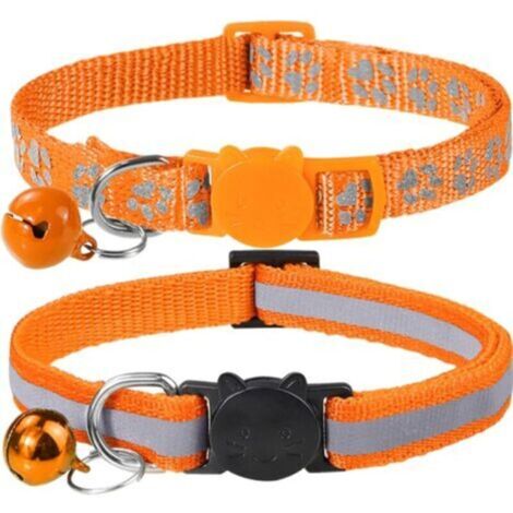 Collier Chat Anti Étranglement, 2 pcs Réglable Réfléchissant Collier pour Chat Chaton Chiot avec Clochette et Boucle de Sécurité, 19-32cm Orange (1/5)
