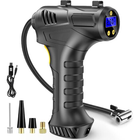 Compresseur d'air de gonfleur de pneu sans fil, batterie rechargeable USB 12 V, pompe à pneu de voiture portable 150 PSI, pompe à pneu électrique numérique avec lumière LED et 3 adaptateurs de buse po (1/5)
