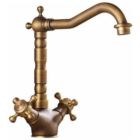 360° Robinet Rotatif en Cuivre Antique Double de Lavabo en Laiton Évier de Cuisine Brossé Lavabo Doux Robinet Vintage pour Eau Chaude et Froide, Ensoleillé (1/5)