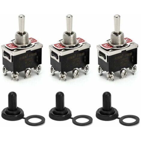 Interrupteur à bascule, AC380V 15A / AC250V 10A, interrupteur marche/arrêt/marche 3 positions 6 broches avec capuchon étanche noir, 3 pièces (1/5)
