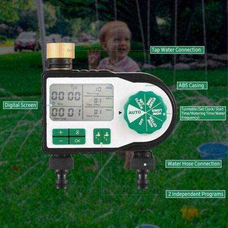 VURAHOME - Minuterie d'arrosage automatique numérique avec 2 connecteurs de tuyau Minuterie d'irrigation de jardin programmée Robinet d'arrosage Contrôleur d'irrigation intelligent pour pelouse Terres (1/2)