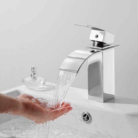 Robinet Salle Bain Cascade, Mitigeur Lavabo Robinetterie Inox, Robinet Salle de Bain Bec Aplati Rectangulaire, Eau Froide & Chaude Disponible, Style Moderne Chromé (1/5)