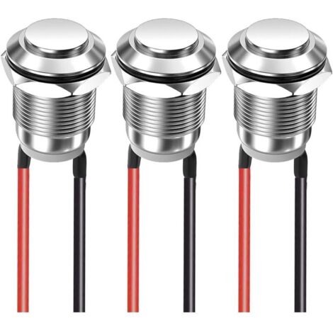 Lot de 3 boutons poussoirs momentanés 12 mm 2 A 12 V/24 V/125 V/250 V, étanches, en acier inoxydable, marche/arrêt, avec filetage (tête haute) (1/4)