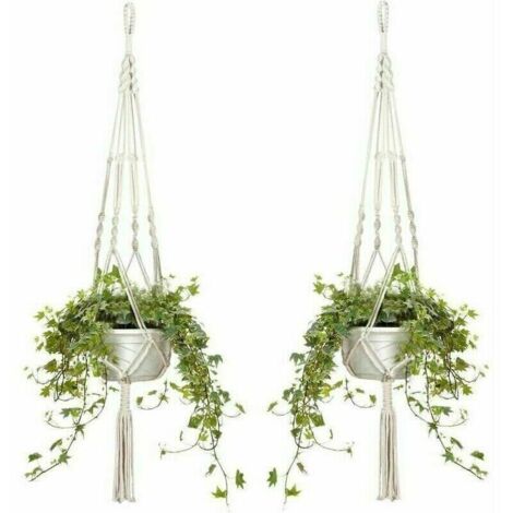 Lot de 4 Paniers Suspendus en Macramé Corde de Coton Pot de Fleur Jardinière Paniers Suspendus pour Intérieur et Extérieur Plafond/Balcon/Mur Décoration, 105 cm, 4 Cordes, Blanc,Autre déco murale